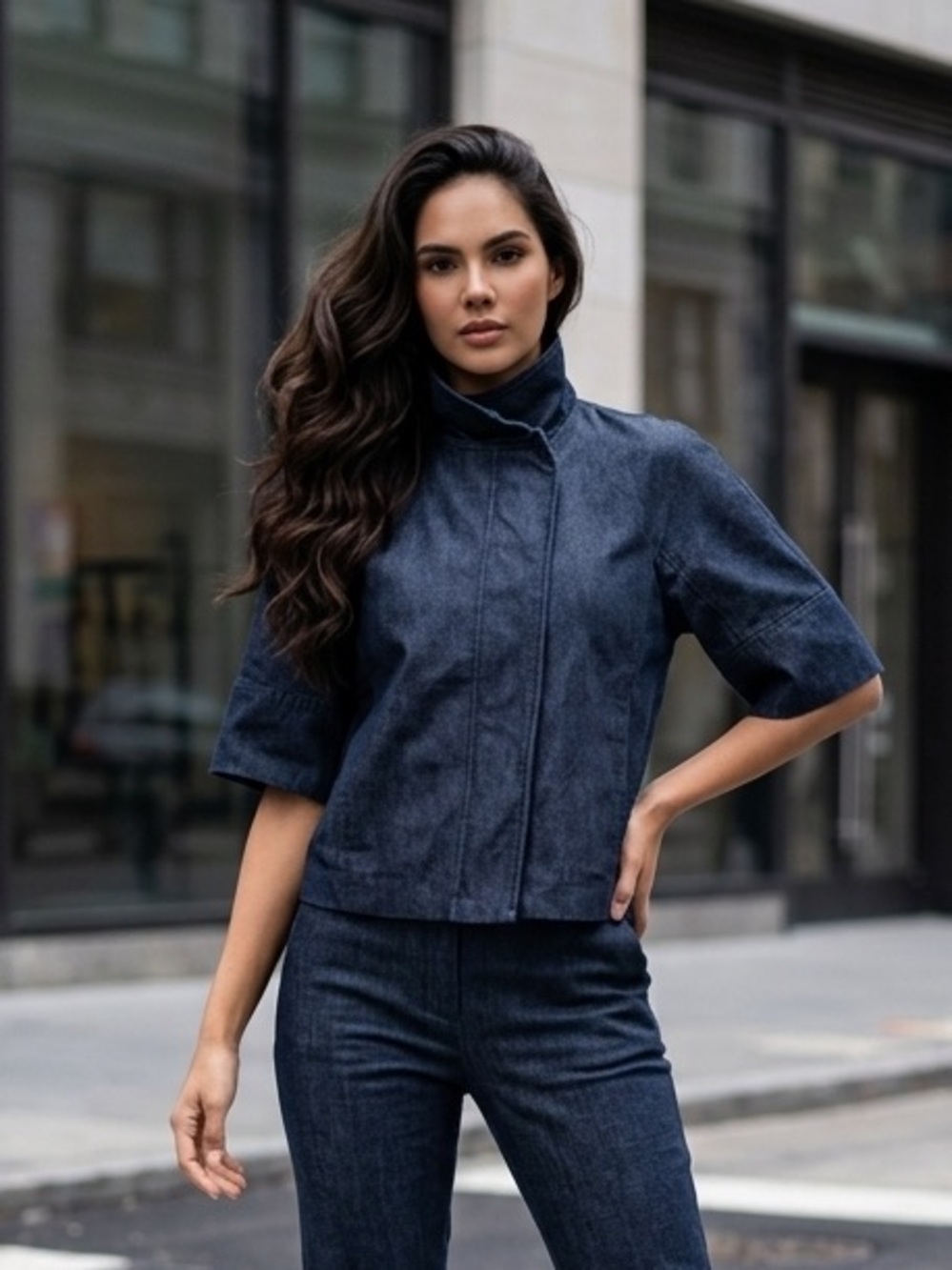 KENNETH COLE NEW YORK JEANS JACKET CROPPED DARK WASH 3/4 SLEEVE FRONT/ZIP